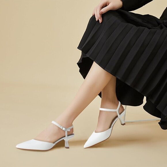 🆕White Faux Leather Women Pumps Pointed Toe Kitten Heels Ankle Strap Wedding - Picture 5 of 6